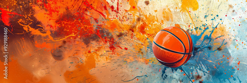 A basketball explodes with color, symbolizing energy, sport, action, creativity, and  abstract art.