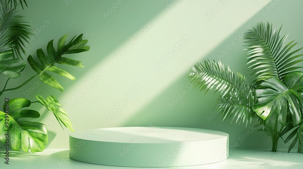 Serene Green Podium: A minimalist white podium bathed in sunlight, nestled amidst lush tropical foliage, creates a tranquil setting for product display. Serene Green Podium: A minimalist white podium bathed in sunlight, nestled amidst lush tropical foliage, creates a tranquil setting for product display.