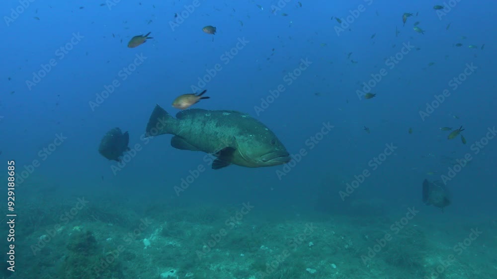 Underwater life - Big grouper fish shoal in blue sea water Underwater life - Big grouper fish shoal in blue sea water