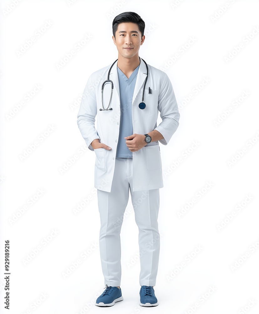 Portrait of a confident doctor in white coat with stethoscope, isolated on white background. Professional medical health care concept. Portrait of a confident doctor in white coat with stethoscope, isolated on white background. Professional medical health care concept.