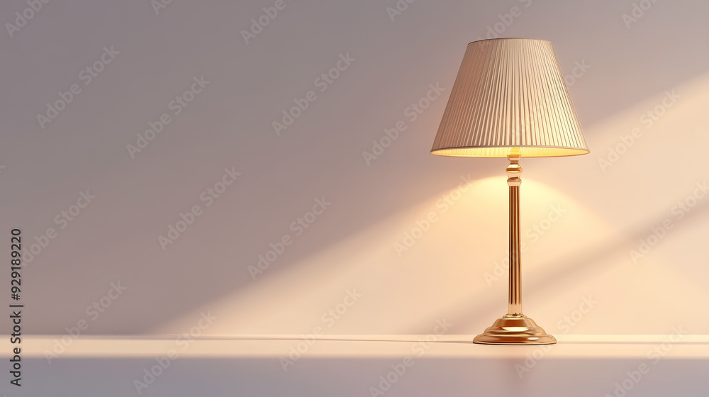 A classic gold table lamp with a white fabric shade illuminates a minimalist white room, casting a warm glow and creating a cozy ambiance. The soft light, the sleek design, and the simple setting symb A classic gold table lamp with a white fabric shade illuminates a minimalist white room, casting a warm glow and creating a cozy ambiance. The soft light, the sleek design, and the simple setting symb