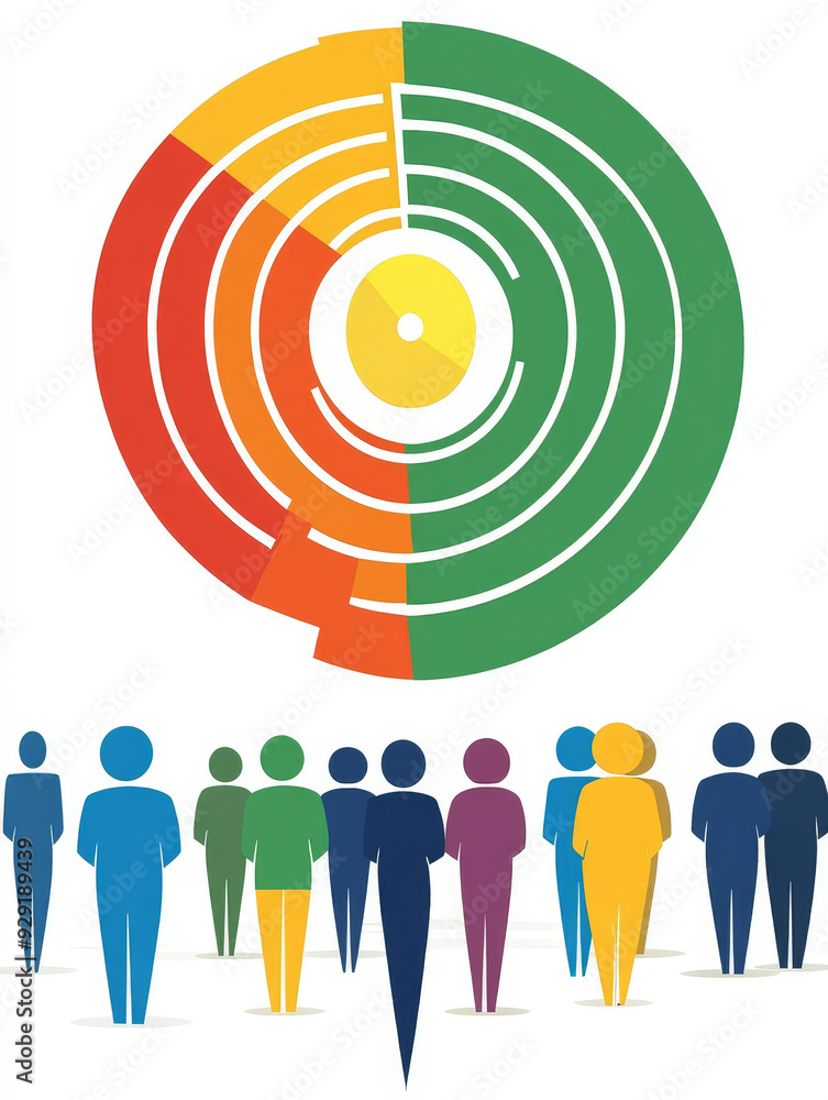 A colorful pie chart with concentric circles representing a target audience, surrounded by stick figures symbolizing individuals. A colorful pie chart with concentric circles representing a target audience, surrounded by stick figures symbolizing individuals.