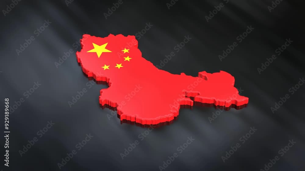 3D map of China moving on a black textured floor. The country's area features the China flag texture with a luma matte effect. 3d rendering 3D map of China moving on a black textured floor. The country's area features the China flag texture with a luma matte effect. 3d rendering