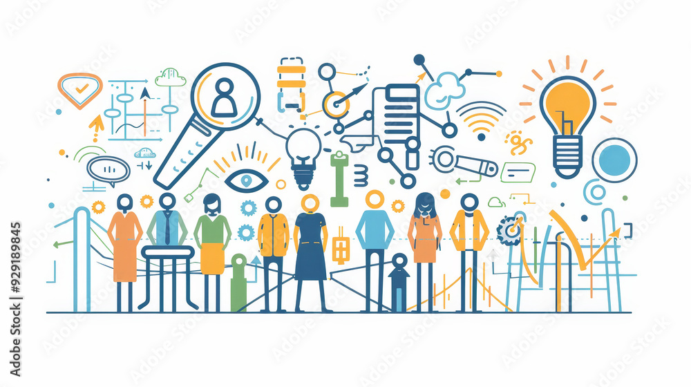 A diverse group of people collaborating, brainstorming, and finding solutions. They are surrounded by icons representing innovation, creativity, and teamwork. A diverse group of people collaborating, brainstorming, and finding solutions. They are surrounded by icons representing innovation, creativity, and teamwork.