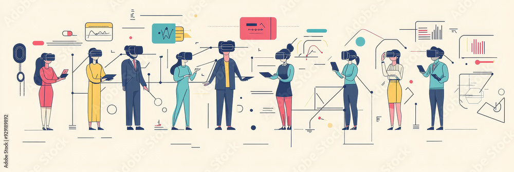 A diverse group of professionals wearing VR headsets collaborate in a digital space, representing teamwork, innovation, and technology. A diverse group of professionals wearing VR headsets collaborate in a digital space, representing teamwork, innovation, and technology.