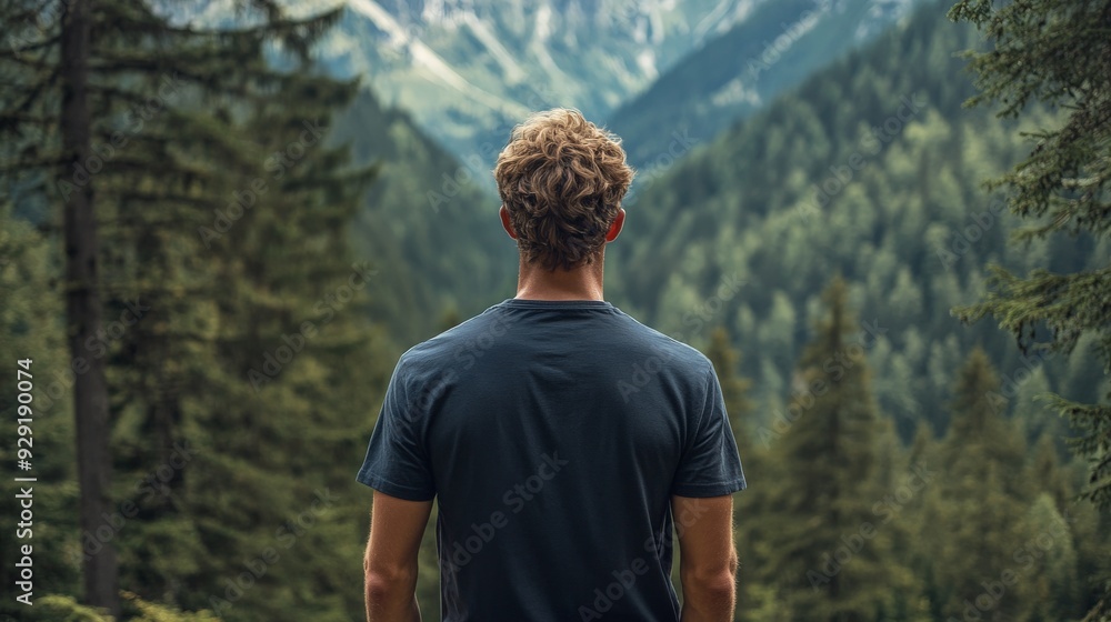 mock up of a man wearing a plain black t-shirt from behind, with a mountain forest background mock up of a man wearing a plain black t-shirt from behind, with a mountain forest background