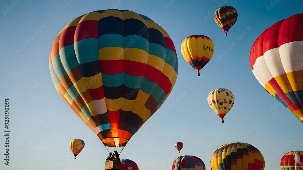 Naklejka premium A lively image of a colorful hot air balloon festival against a clear blue sky