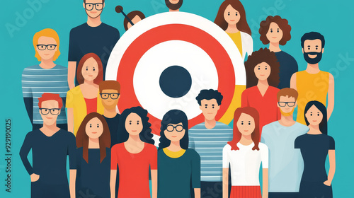 A diverse group of people stand in front of a target symbol, representing the importance of understanding and reaching your target audience.