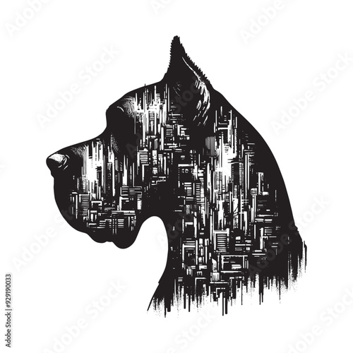 silhouette of Great Dane, filled with destroyed futuristic dystopia environment in rough drawing,