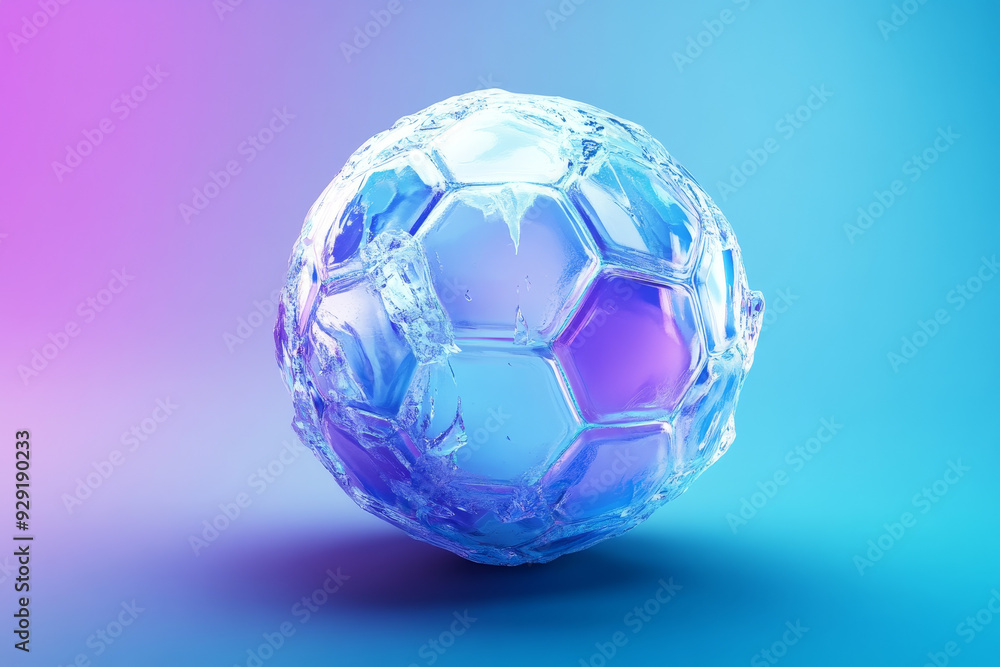 Naklejka premium A frozen soccer ball, with a blue and purple gradient background, represents the power of ice, the intensity of competition, and the beauty of the sport.