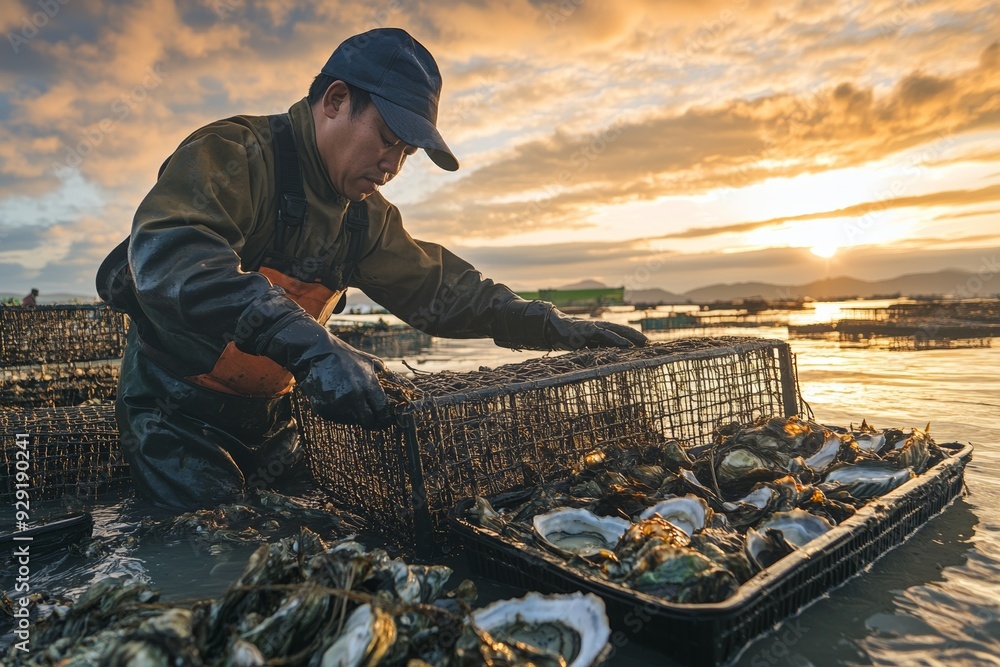 A fisherman tending to oyster baskets at sunset on a serene coastal bay A fisherman tending to oyster baskets at sunset on a serene coastal bay