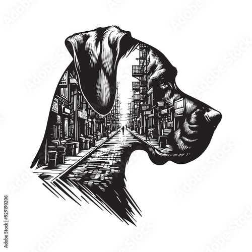 silhouette of Great Dane, filled with ghetto street in rough drawing,