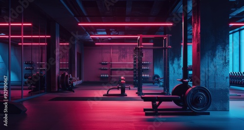 Minimalist and modern gym space with weights, bars, and racks, illuminated by bright artificial lighting. Subtle nighttime shadows add depth to the empty room, enhancing the sleek, contemporary design