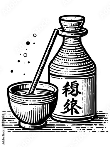 Template national Japanese alcoholic drink sake. Bottle and glass. Vector, generative ai.