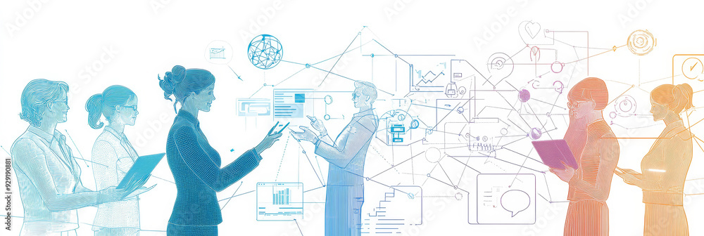 Fototapeta premium A group of professionals stand in front of a digital network, showcasing collaboration, innovation, and connectivity in a modern business environment.