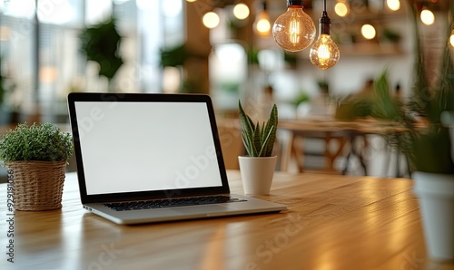 Wallpaper Mural Laptop with Blank White Screen on Wooden Table in Office with Blurred Background and Bokeh Effect Torontodigital.ca