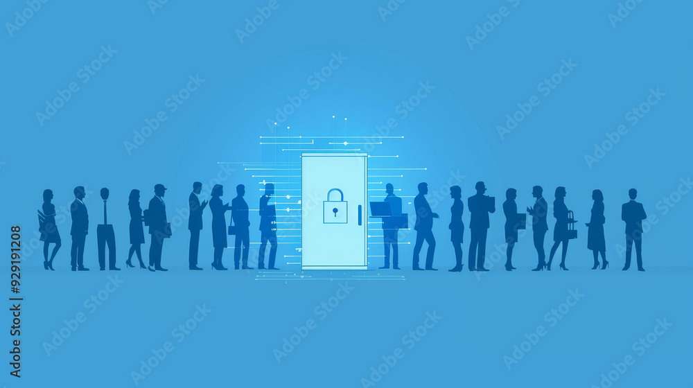A line of people waiting to enter a secure door, symbolizing data security, access control, cybersecurity, data privacy, and restricted information. A line of people waiting to enter a secure door, symbolizing data security, access control, cybersecurity, data privacy, and restricted information.