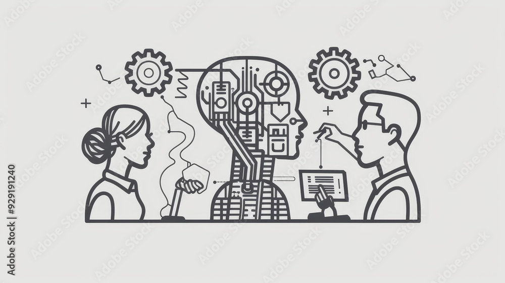A man and woman stand on either side of a robot head, symbolizing human-AI collaboration, innovation, technology, teamwork, and progress. A man and woman stand on either side of a robot head, symbolizing human-AI collaboration, innovation, technology, teamwork, and progress.