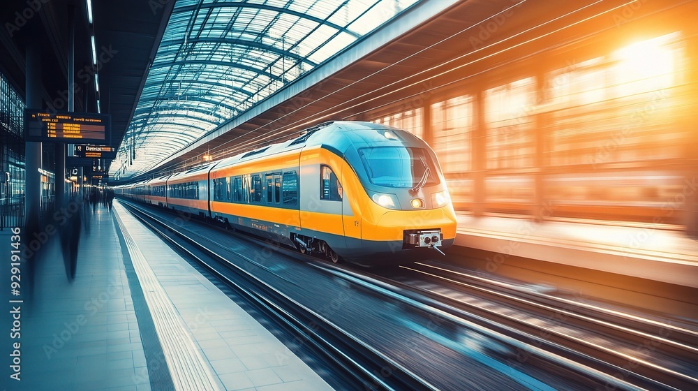 Passenger train arriving at a bustling train station Passenger train arriving at a bustling train station