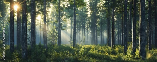 Sunlit forest with tall trees, 4K hyperrealistic photo