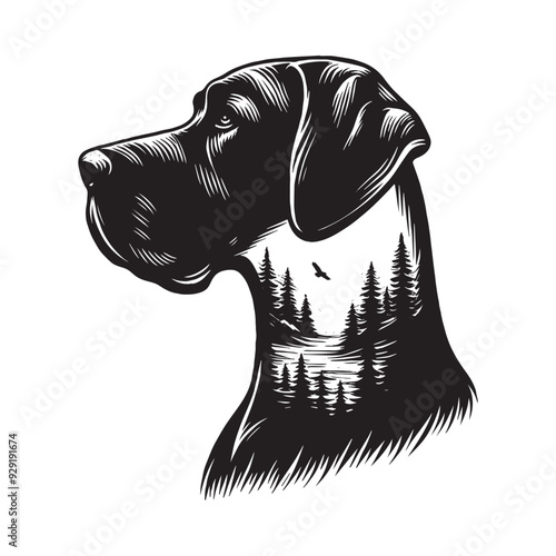 silhouette of Great Dane, filled with nature view in rough drawing,