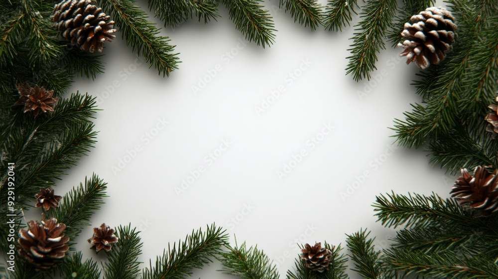 A decorative frame of pine branches and cones on a blank background. A decorative frame of pine branches and cones on a blank background.
