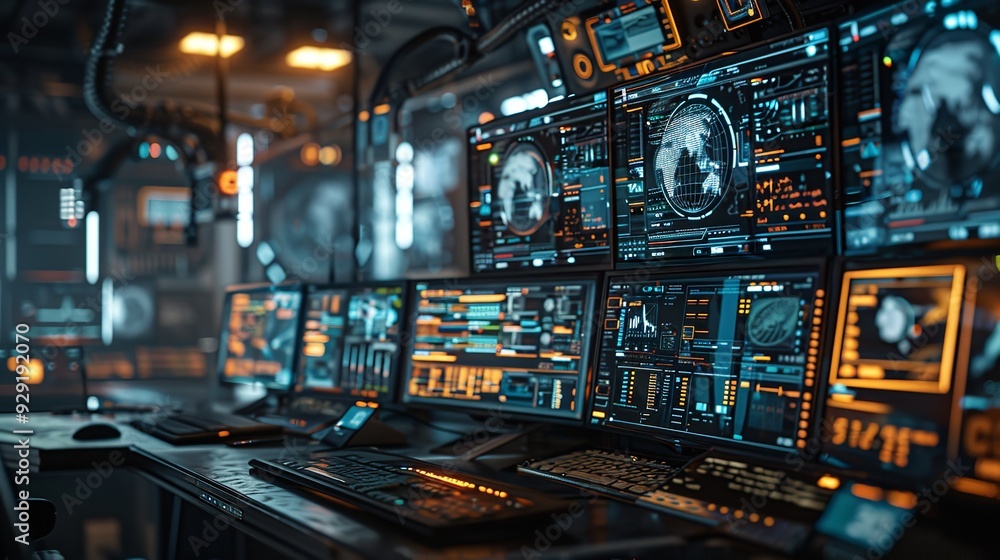 cybersecurity, Futuristic control room with multiple digital screens displaying data and analytics cybersecurity, Futuristic control room with multiple digital screens displaying data and analytics