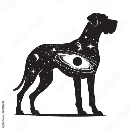silhouette of Great Dane, filled with space and sci-fi element in rough drawing,