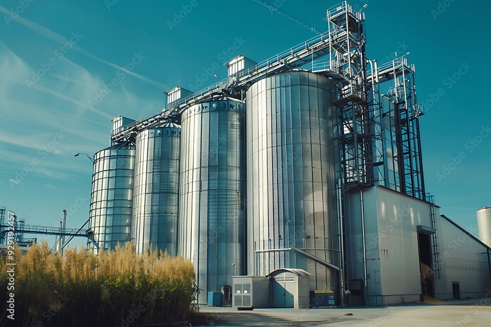 Agricultural silo at feed mill factory. Commercial feed for livestock, swine and fish industries Agricultural silo at feed mill factory. Commercial feed for livestock, swine and fish industries