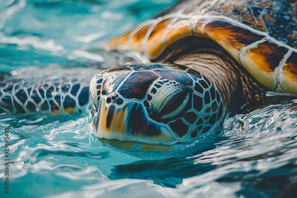 A sea turtle swims gracefully through crystal clear turquoise water ...