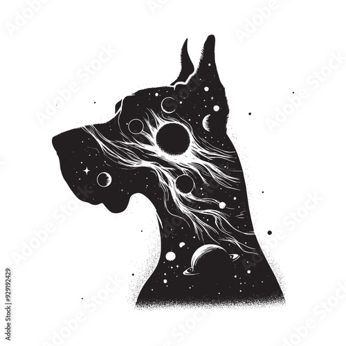 silhouette of Great Dane, filled with space and sci-fi element in rough drawing,