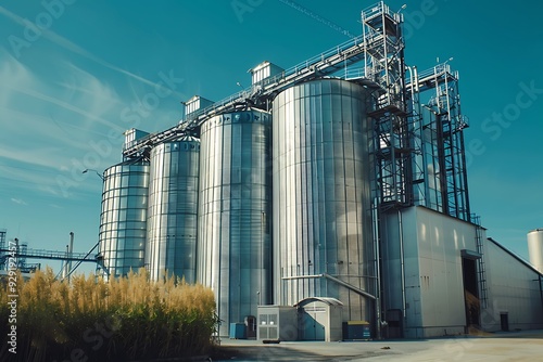 Agricultural silo at feed mill factory. Commercial feed for livestock, swine and fish industries