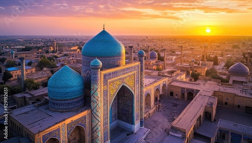 An ornate mosque at sunset in an ancient city.