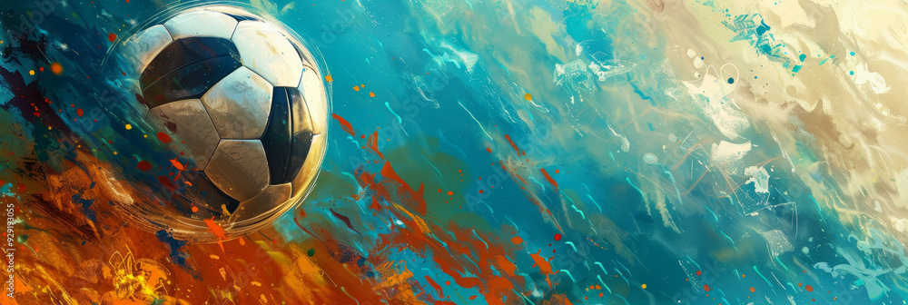 Naklejka premium A soccer ball, painted in an abstract style, is flying through the air, representing the energy and excitement of the sport.