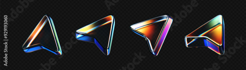 3d glass arrow icons set with refraction and holographic effect isolated on dark background. Render transparent glass cursor with overlay dispersion light, rainbow gradient. 3d vector morphism