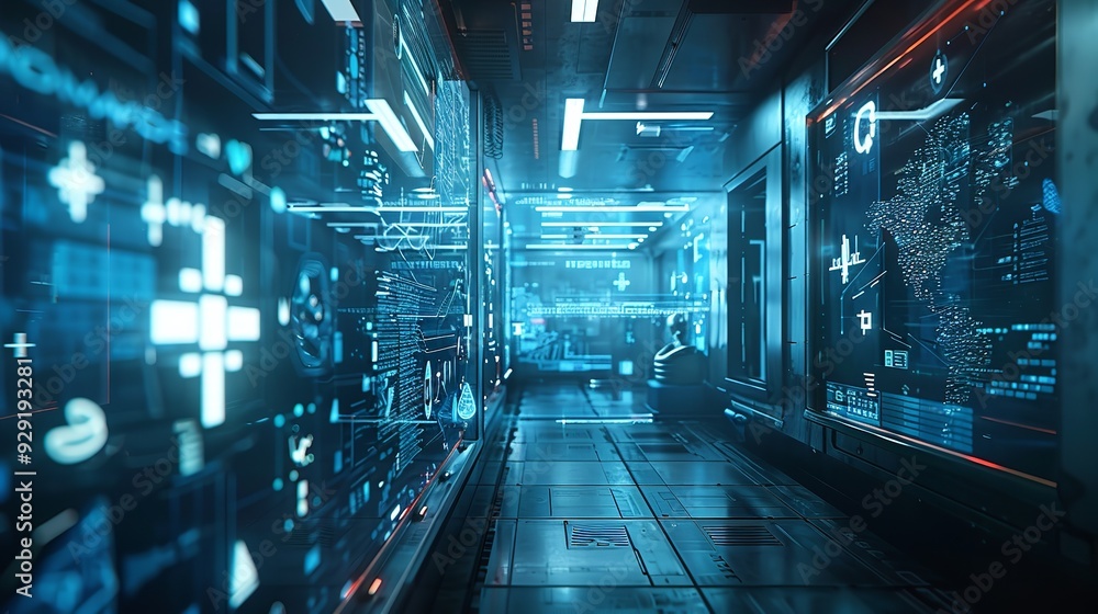 Fototapeta premium State of the art network security operations center equipped with data analytics and global monitor, cybersecurity,