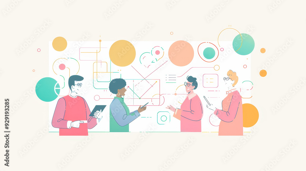 A team of four diverse individuals work together on a data-driven project, with colorful charts and diagrams representing their progress, symbolizing collaboration, innovation, analysis, strategy, and A team of four diverse individuals work together on a data-driven project, with colorful charts and diagrams representing their progress, symbolizing collaboration, innovation, analysis, strategy, and