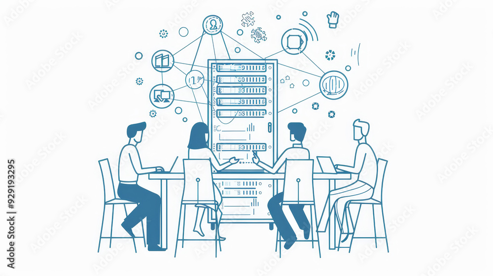 A team of four individuals collaborate around a server, illustrating a concept of data-driven decision making, teamwork, technological innovation, business growth, and digital transformation. A team of four individuals collaborate around a server, illustrating a concept of data-driven decision making, teamwork, technological innovation, business growth, and digital transformation.