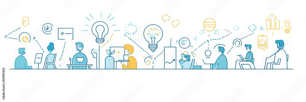 A team of individuals collaborate in an office environment, each working on a task and sharing ideas, symbolized by light bulbs. The illustration represents teamwork, collaboration, communication, and A team of individuals collaborate in an office environment, each working on a task and sharing ideas, symbolized by light bulbs. The illustration represents teamwork, collaboration, communication, and