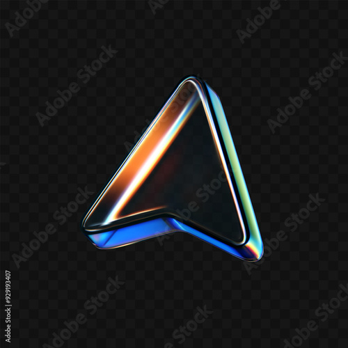 3d glass arrow icon with refraction and holographic effect isolated on dark background. Render transparent glass cursor with overlay dispersion light, rainbow gradient. 3d vector morphism