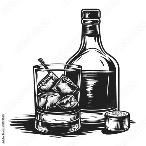 Black and white vector illustration of a whiskey bottle and glass.
