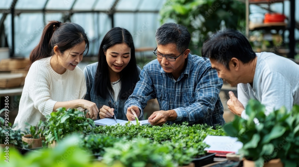 A team of consultants discusses tech strategies among greenery in a greenhouse A team of consultants discusses tech strategies among greenery in a greenhouse