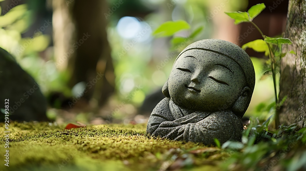 A serene stone statue of a smiling child with closed eyes, sitting amongst lush green moss and foliage. A serene stone statue of a smiling child with closed eyes, sitting amongst lush green moss and foliage.