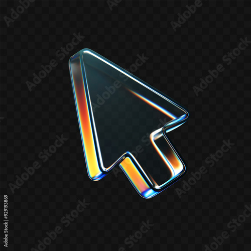 3d glass arrow icon with refraction and holographic effect isolated on dark background. Render transparent glass cursor with overlay dispersion light, rainbow gradient. 3d vector morphism