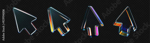 3d glass arrow icons set with refraction and holographic effect isolated on dark background. Render transparent glass cursor with overlay dispersion light, rainbow gradient. 3d vector morphism