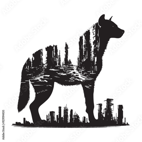 silhouette of hyena, filled with destroyed futuristic dystopia environment in rough drawing,