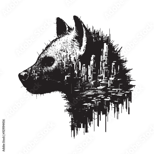 silhouette of hyena, filled with destroyed futuristic dystopia environment in rough drawing,