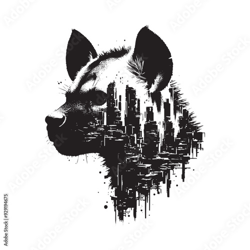 silhouette of hyena, filled with destroyed futuristic dystopia environment in rough drawing,