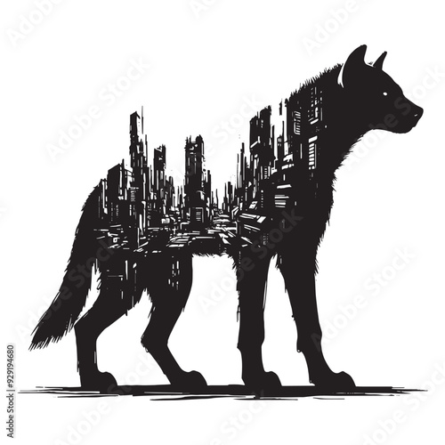 silhouette of hyena, filled with destroyed futuristic dystopia environment in rough drawing,