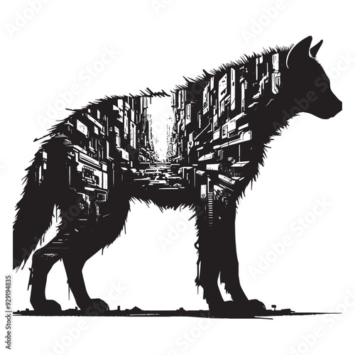 silhouette of hyena, filled with destroyed futuristic dystopia environment in rough drawing,